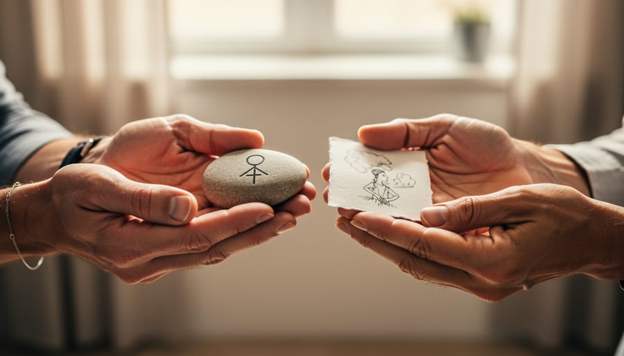 Close-up of different people’s hands exchanging symbolic items like a rose and a mala over a wooden table.