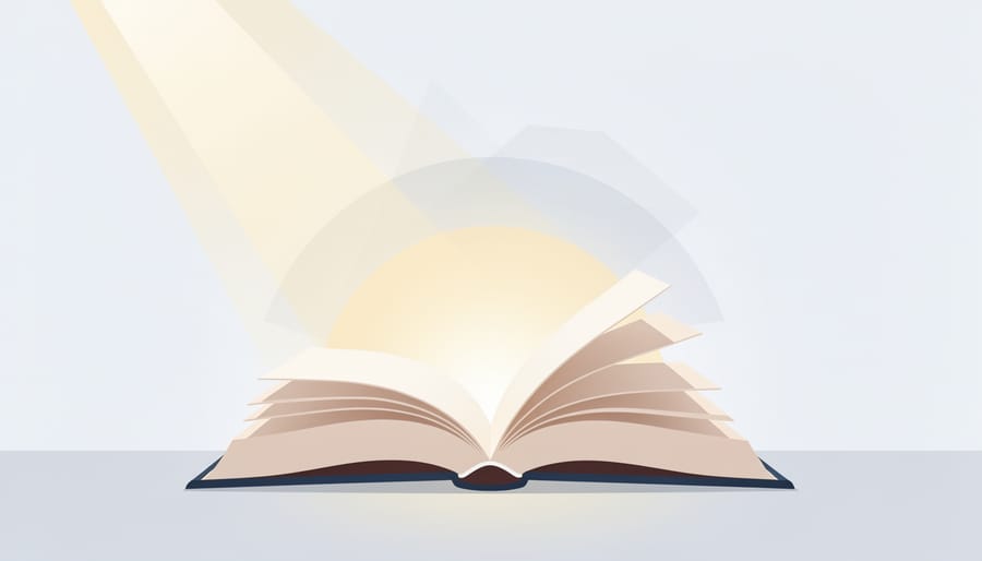 Open book on a stand with warm sunlight streaming through a window, dust motes in the light.