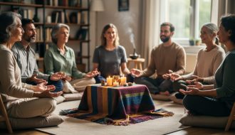 Diverse group of people seated in a circle during a peaceful spiritual gathering, shown with warm candlelight and open, attentive expressions.