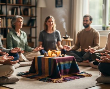 Diverse group of people seated in a circle during a peaceful spiritual gathering, shown with warm candlelight and open, attentive expressions.