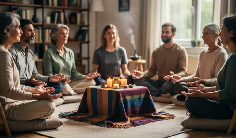 Diverse group of people seated in a circle during a peaceful spiritual gathering, shown with warm candlelight and open, attentive expressions.