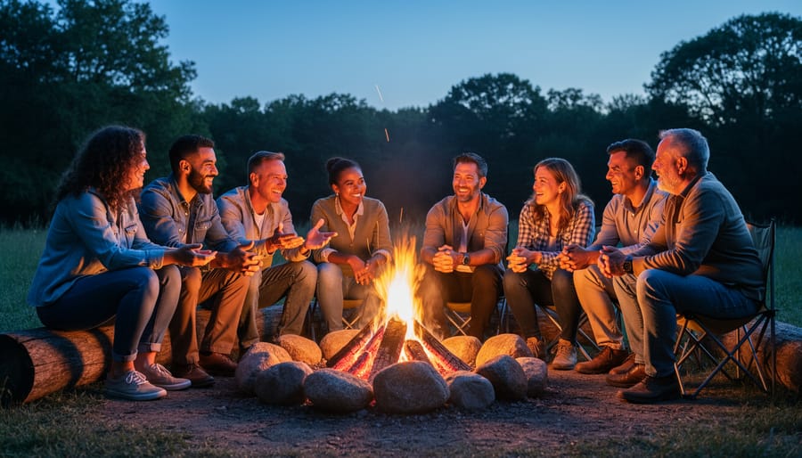 A diverse group of people sitting together outdoors near a fire pit at dusk, sharing a conversation.