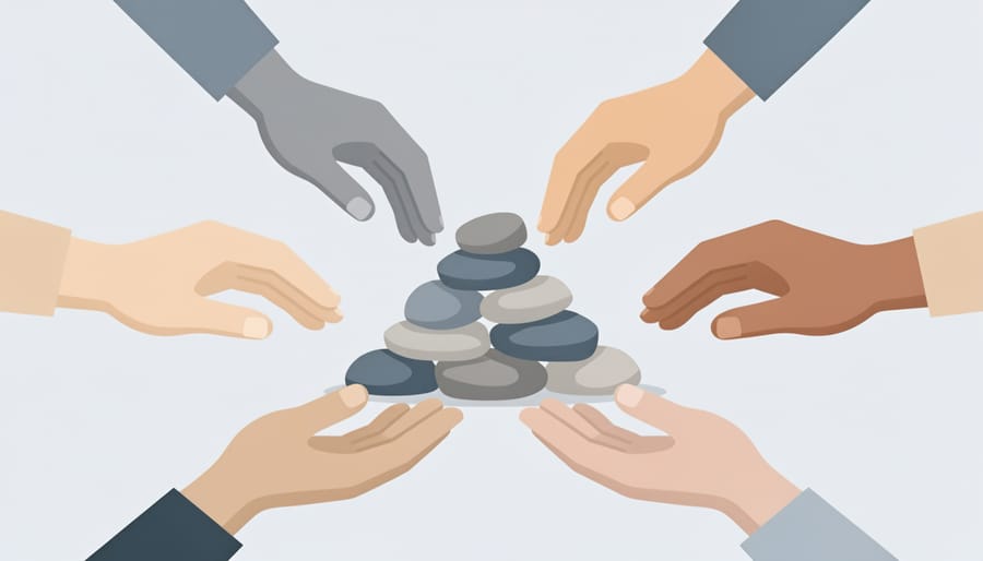 Different hands placing small stones into a glass bowl to symbolize shared solidarity