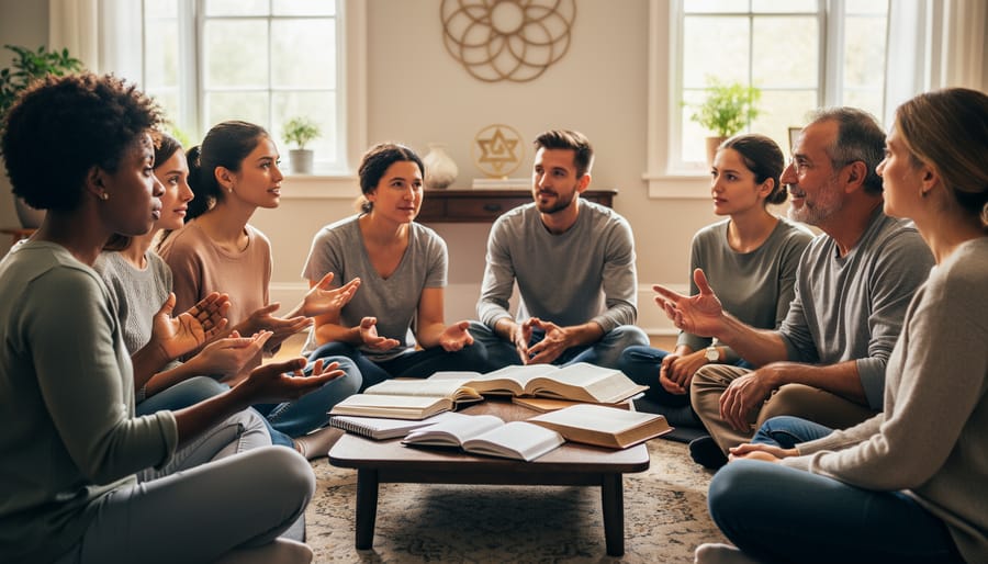 A diverse group sits in a circle studying with open books, showing respectful engagement and dialogue.